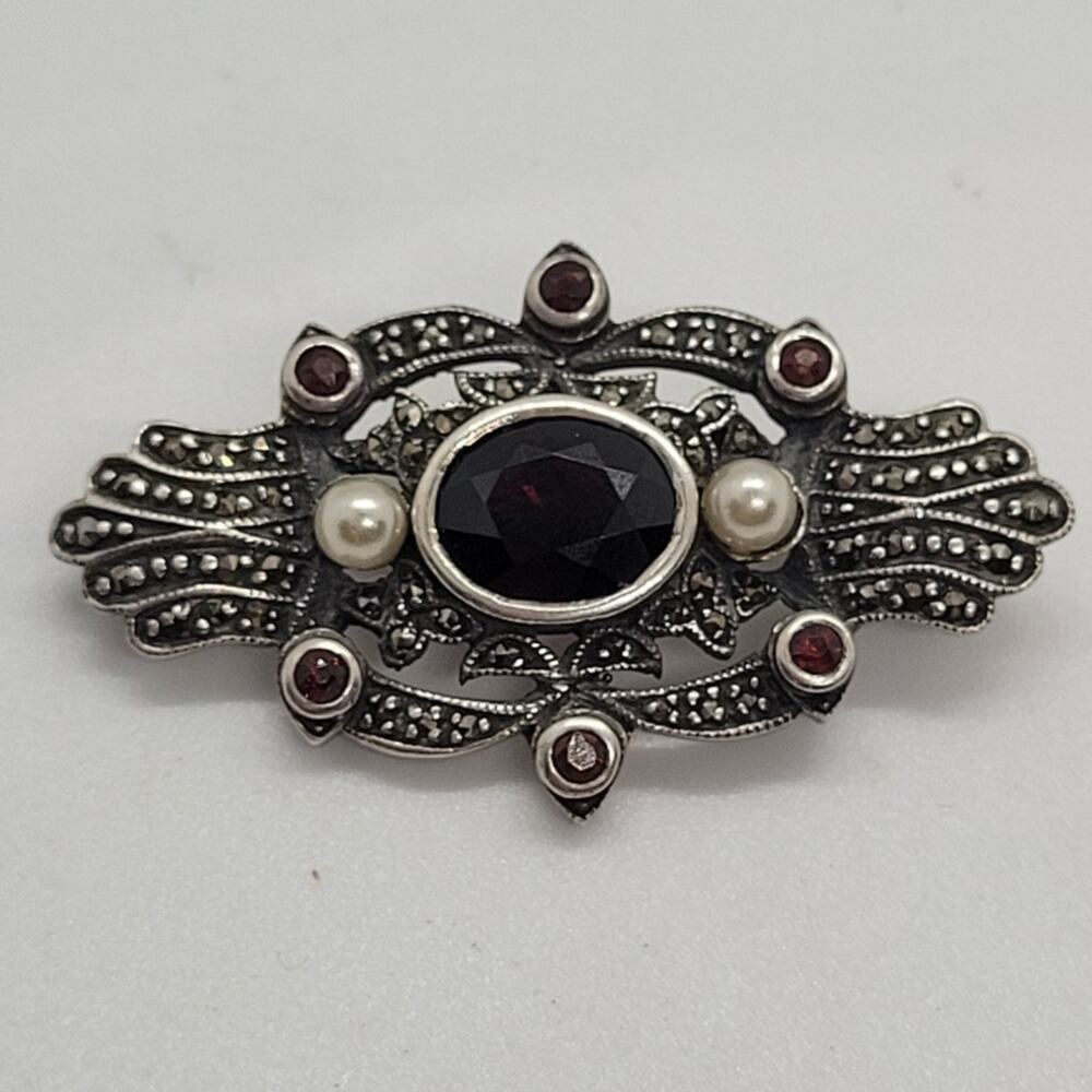 Vintage Sterling Silver Marcasite Pearl Brooch Coquette Art Deco Pin - Picture 3 of 15